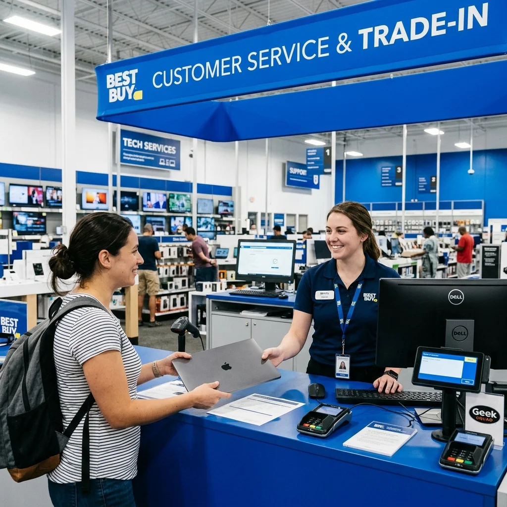 Best Buy trade-in process infographic showing online quote, store inspection, and e-gift card payout