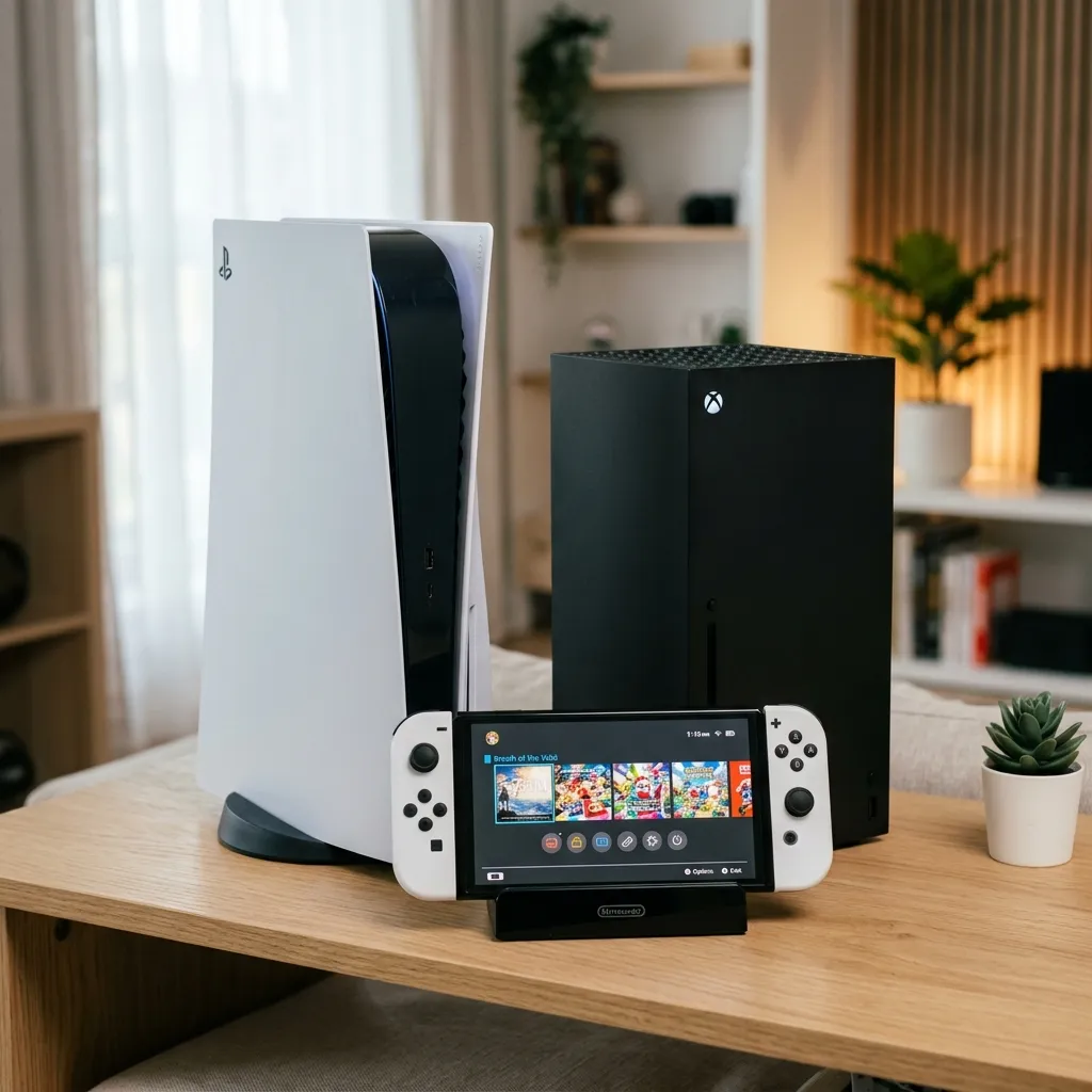A high-end comparison display of modern consoles including PlayStation 5, Xbox Series X, and Nintendo Switch OLED