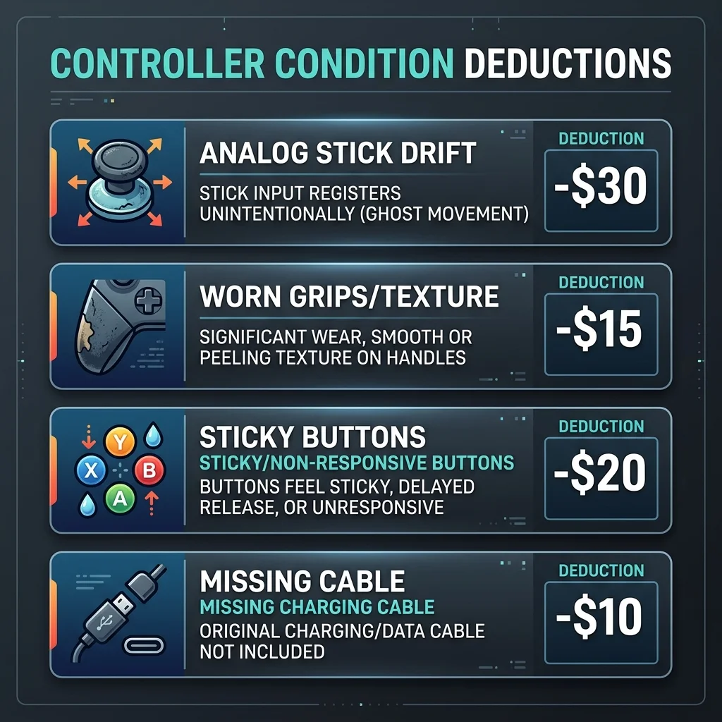 Controller deduction matrix showing stick drift, worn grips, sticky buttons, and missing cables