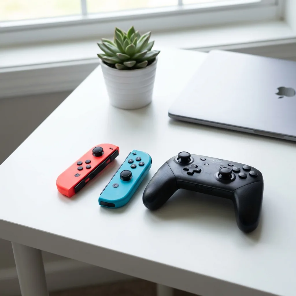 Nintendo Switch Neon Red and Blue Joy-Cons and a Pro Controller on a white desk, ready for pawn evaluation