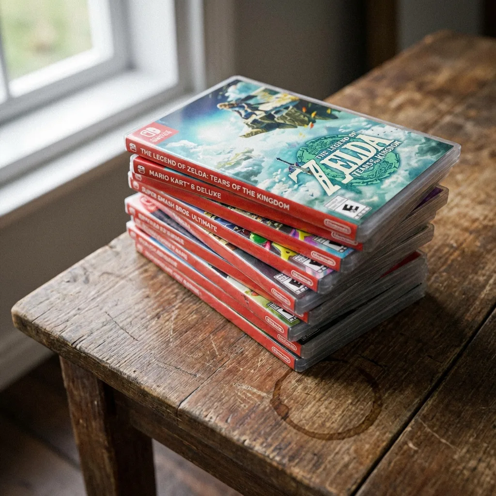 Stack of high-value Nintendo Switch games including Zelda Tears of the Kingdom and Mario Kart 8 Deluxe on a wooden table
