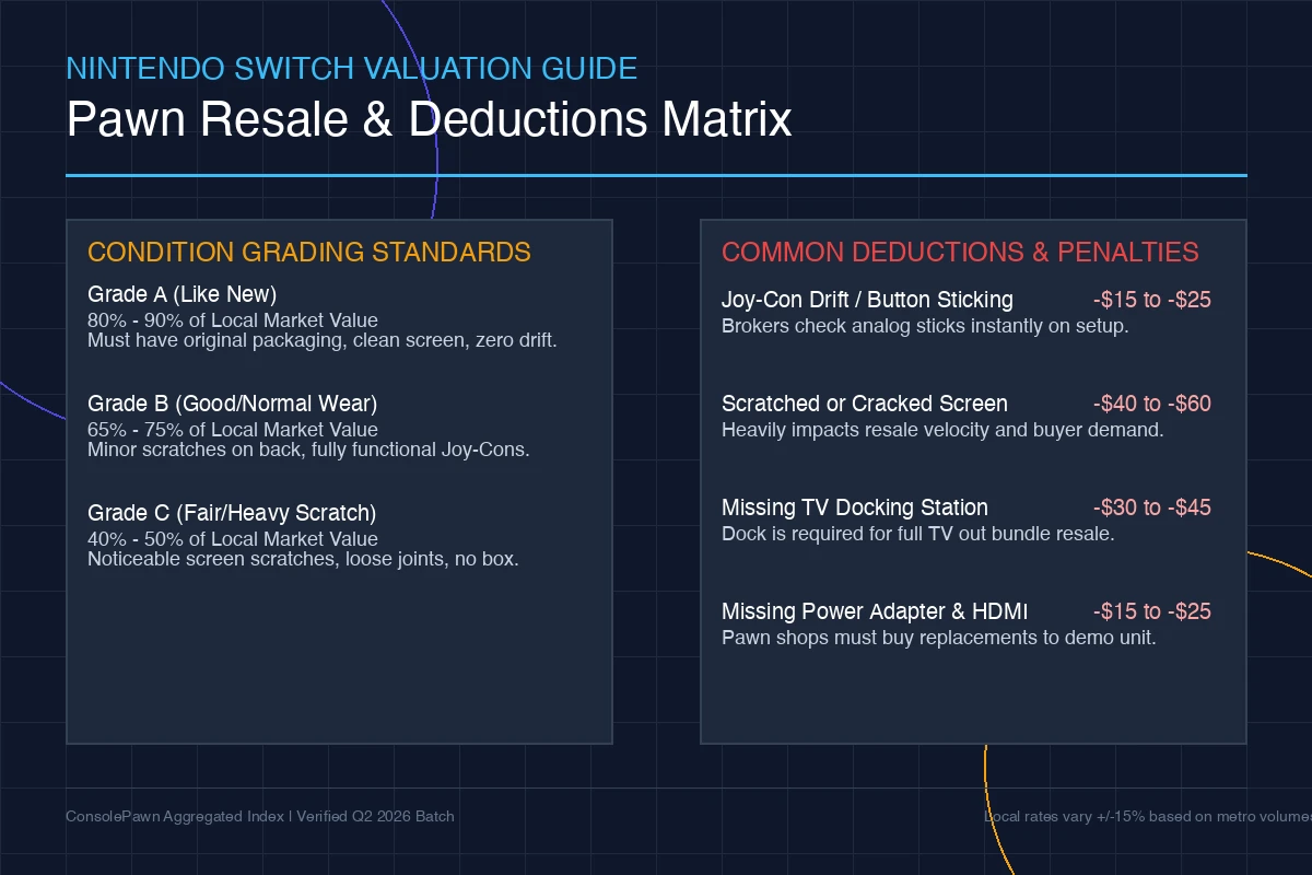 Nintendo Switch valuation infographic showing screen quality, Joy-Cons, dock, and accessories