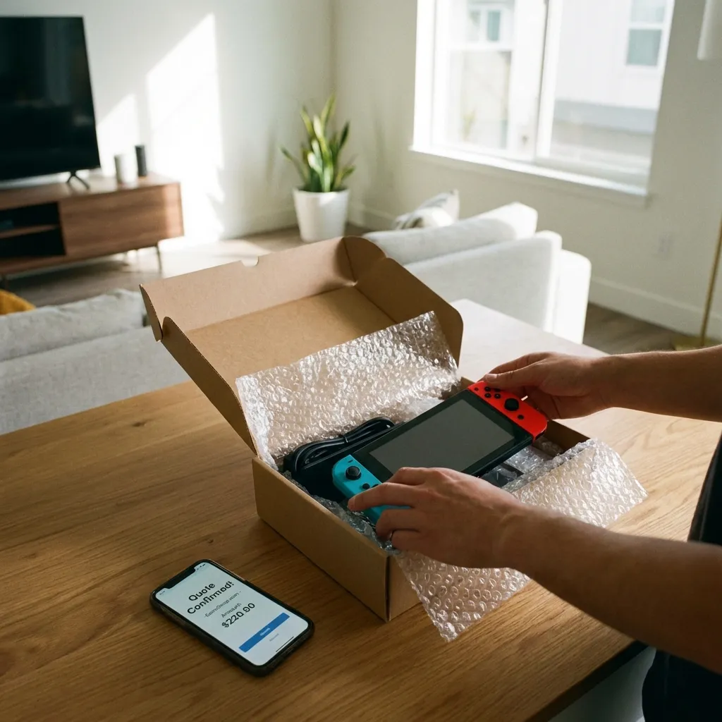 Person packing game console into shipping box for online buyback