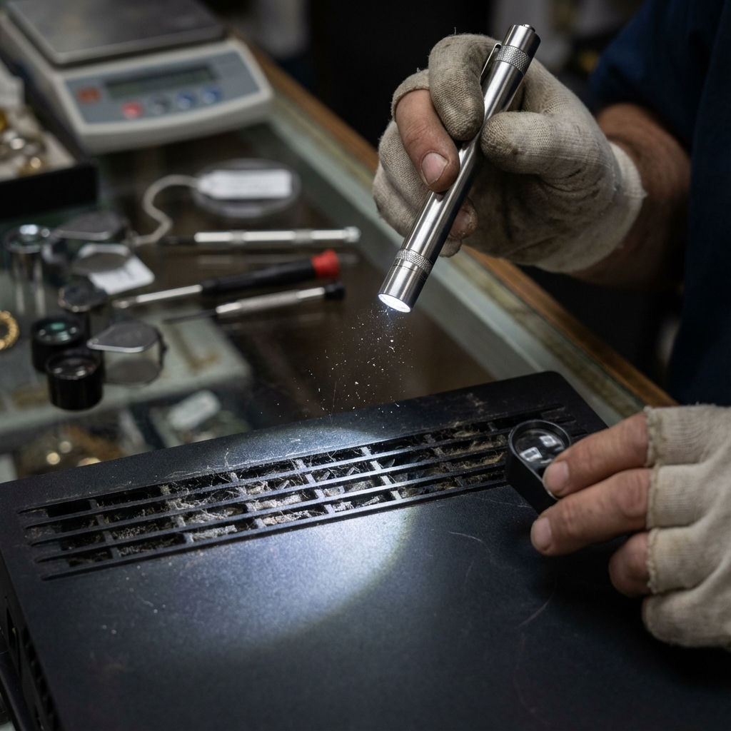 Close-up of pawn broker hands inspecting PS5 vents with a flashlight for smoke dust