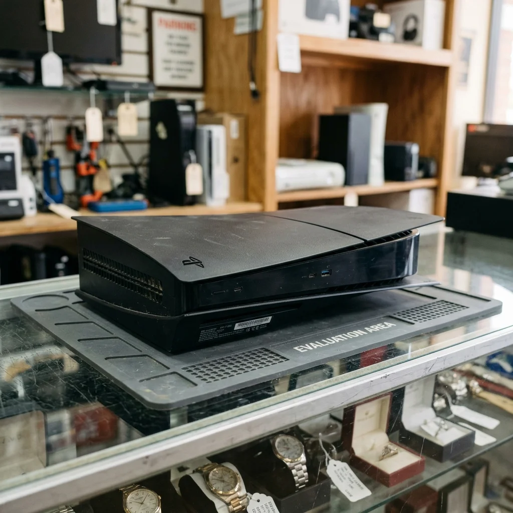 Gaming console lying bare on a desk with unplugged rear ports and no HDMI or power cords connected