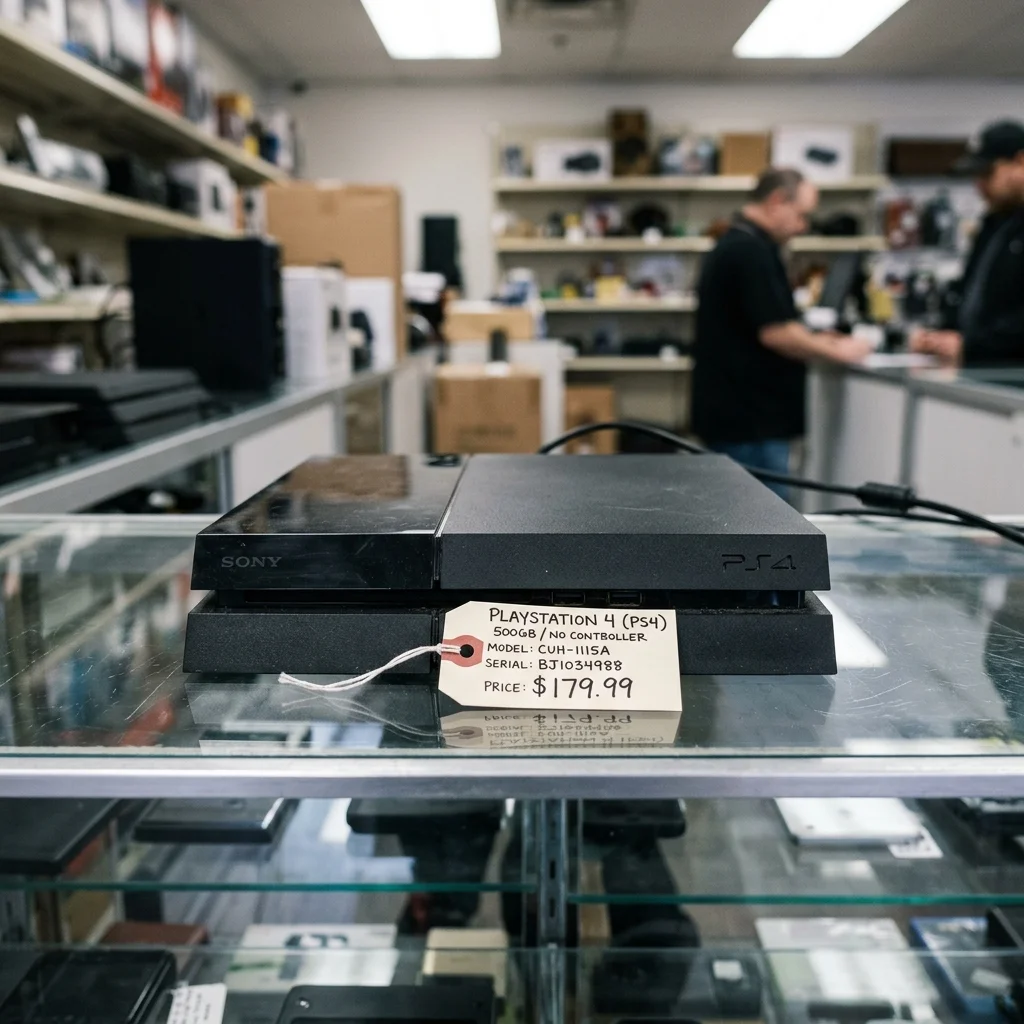 Gaming console sitting on a glass-topped pawn shop counter with a price tag but no controllers
