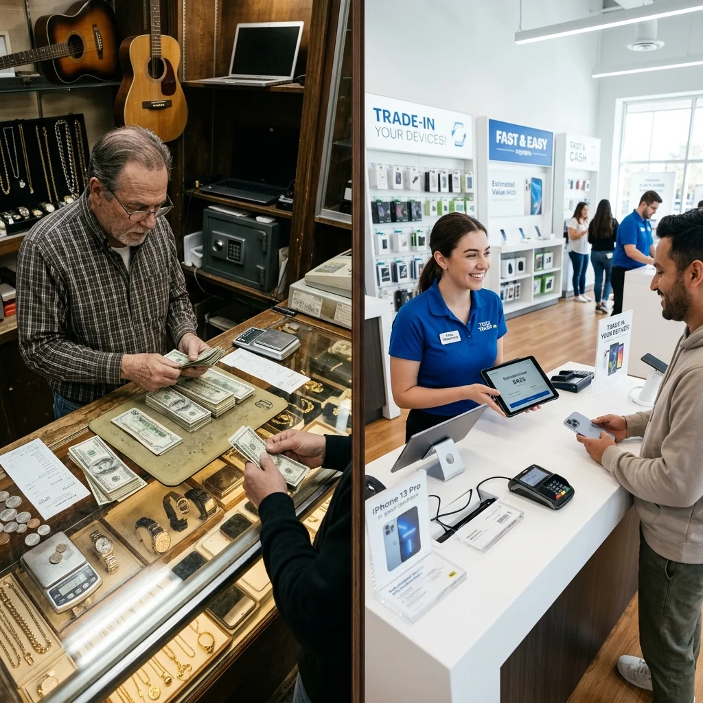 Side-by-side storefront layout comparing pawn shop cash vs Best Buy retail trade-in counter