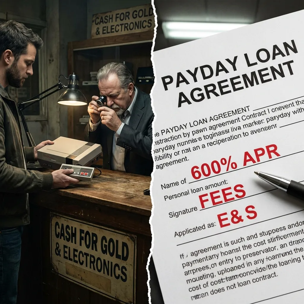 Pawn shop appraisal counter compared to high-interest payday loan contract