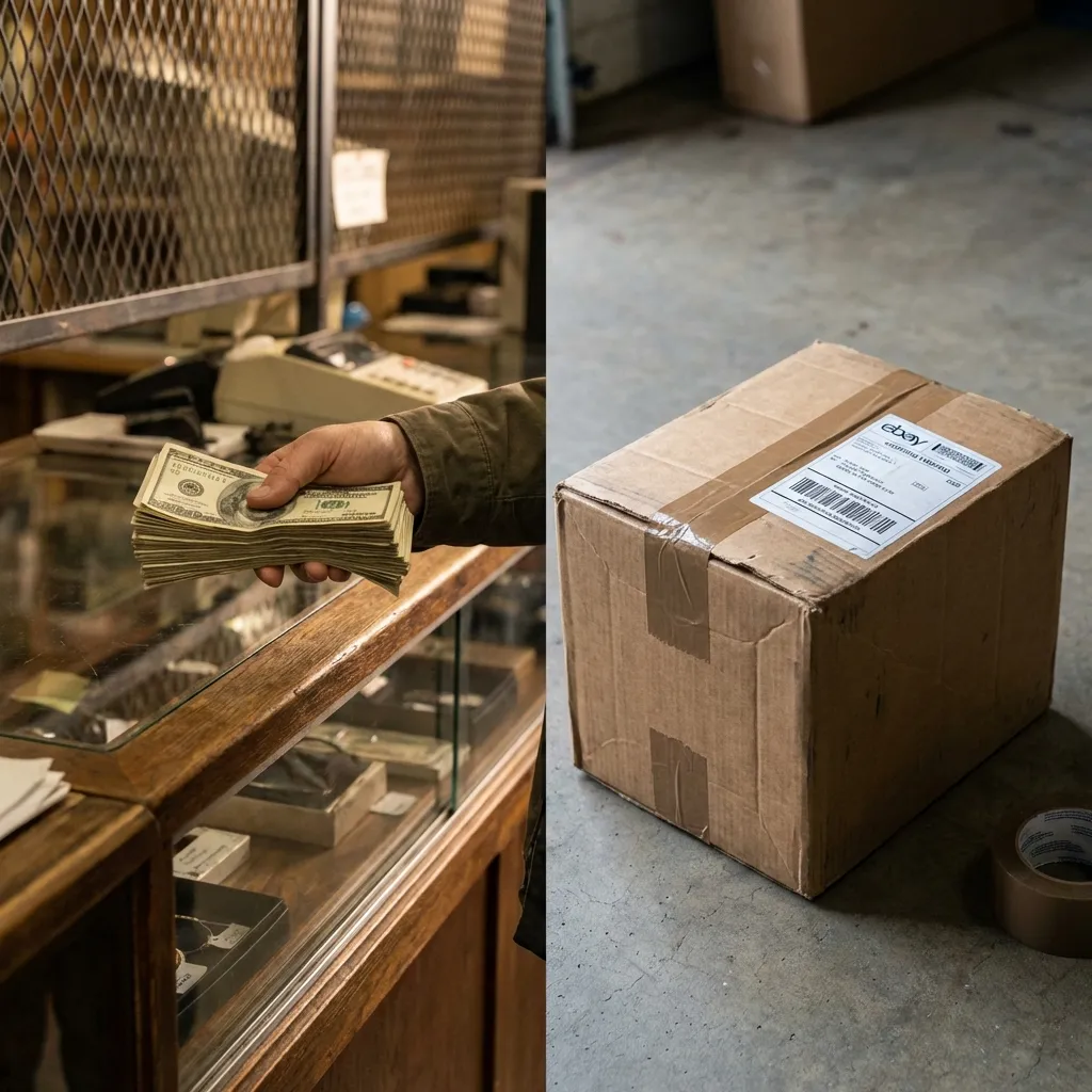 Split image showing cash on pawn counter versus eBay shipping box