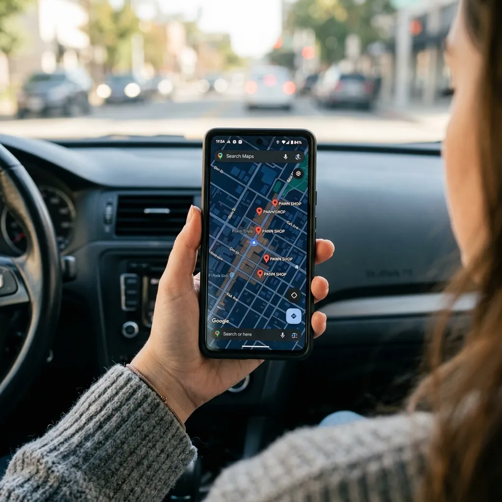 A smartphone showing a map application with multiple pawn shop locations marked nearby