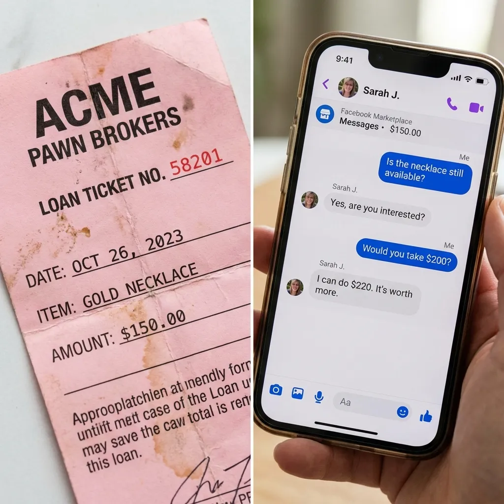 Pawn shop loan ticket compared to Facebook Marketplace message thread