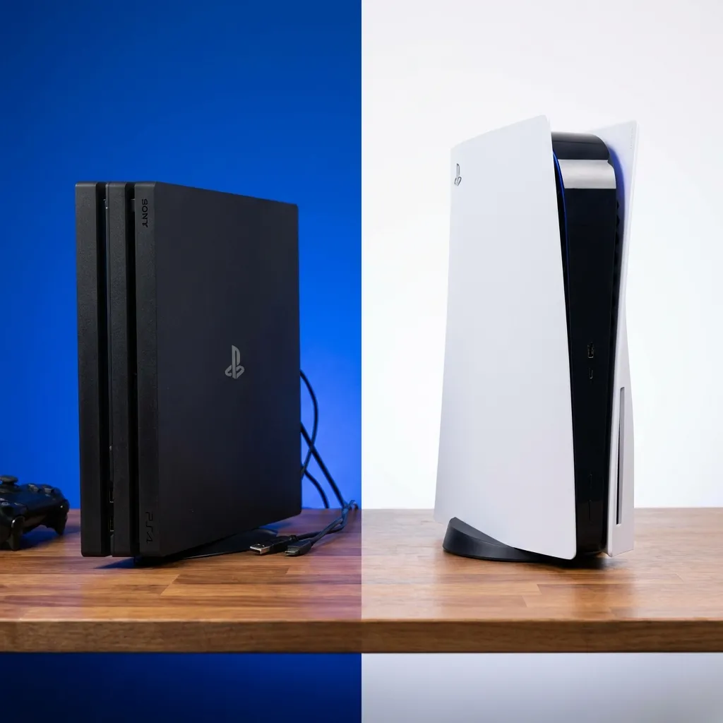 Side-by-side comparison of PS4 Pro console and PS5 Disc Edition console