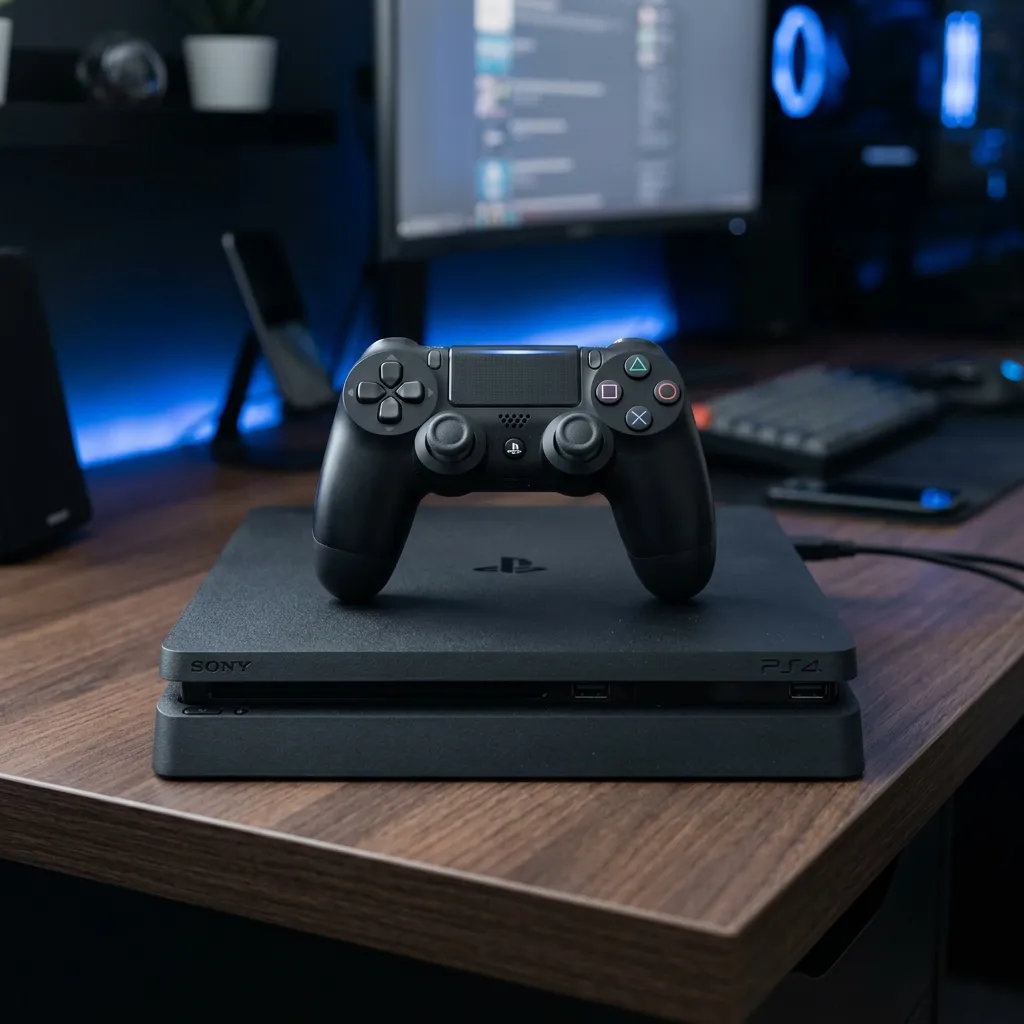 A matte black PlayStation 4 Slim console with a clean official DualShock 4 controller sitting on top of it
