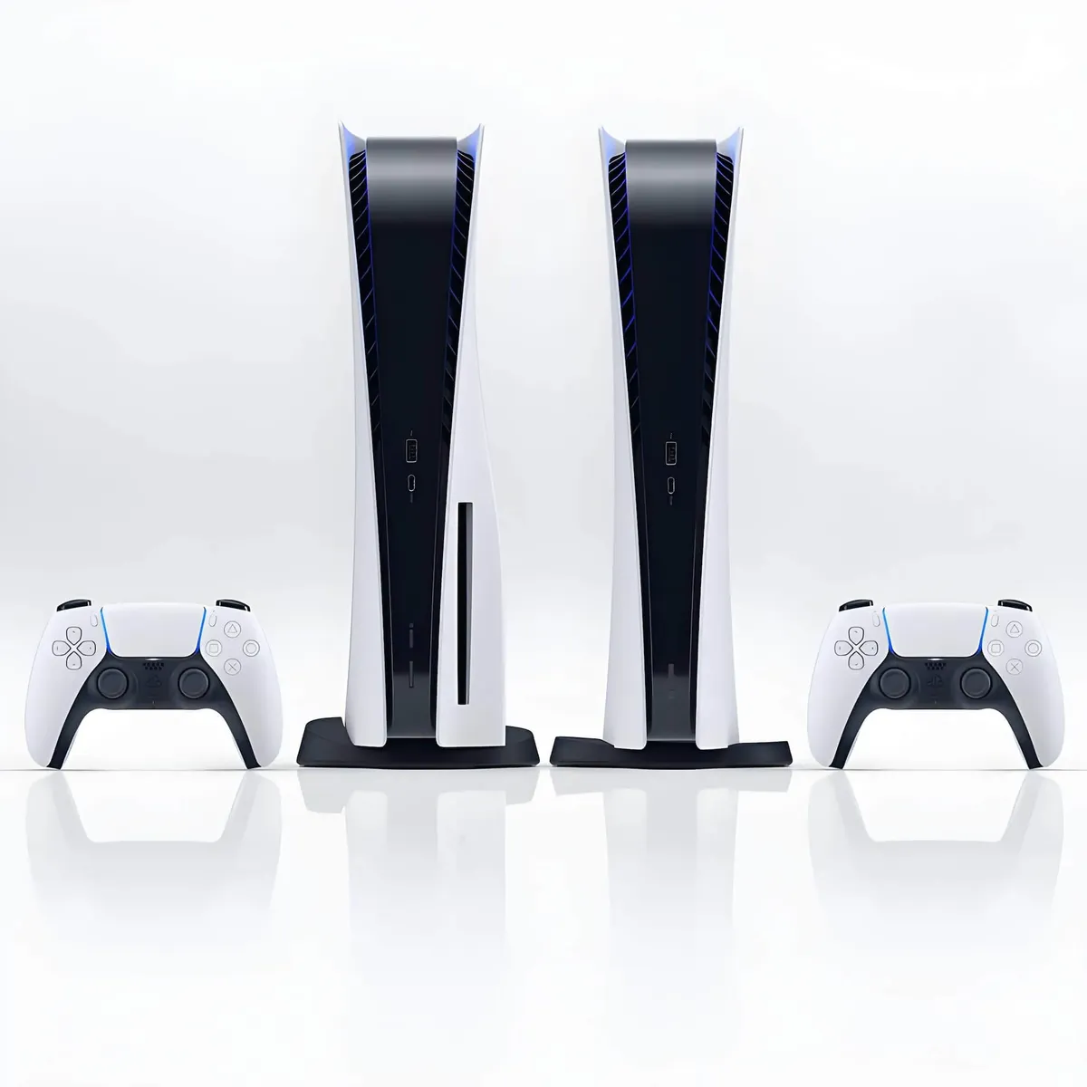 A side-by-side photo of the PS5 Standard Disc Edition and the PS5 Digital Edition.