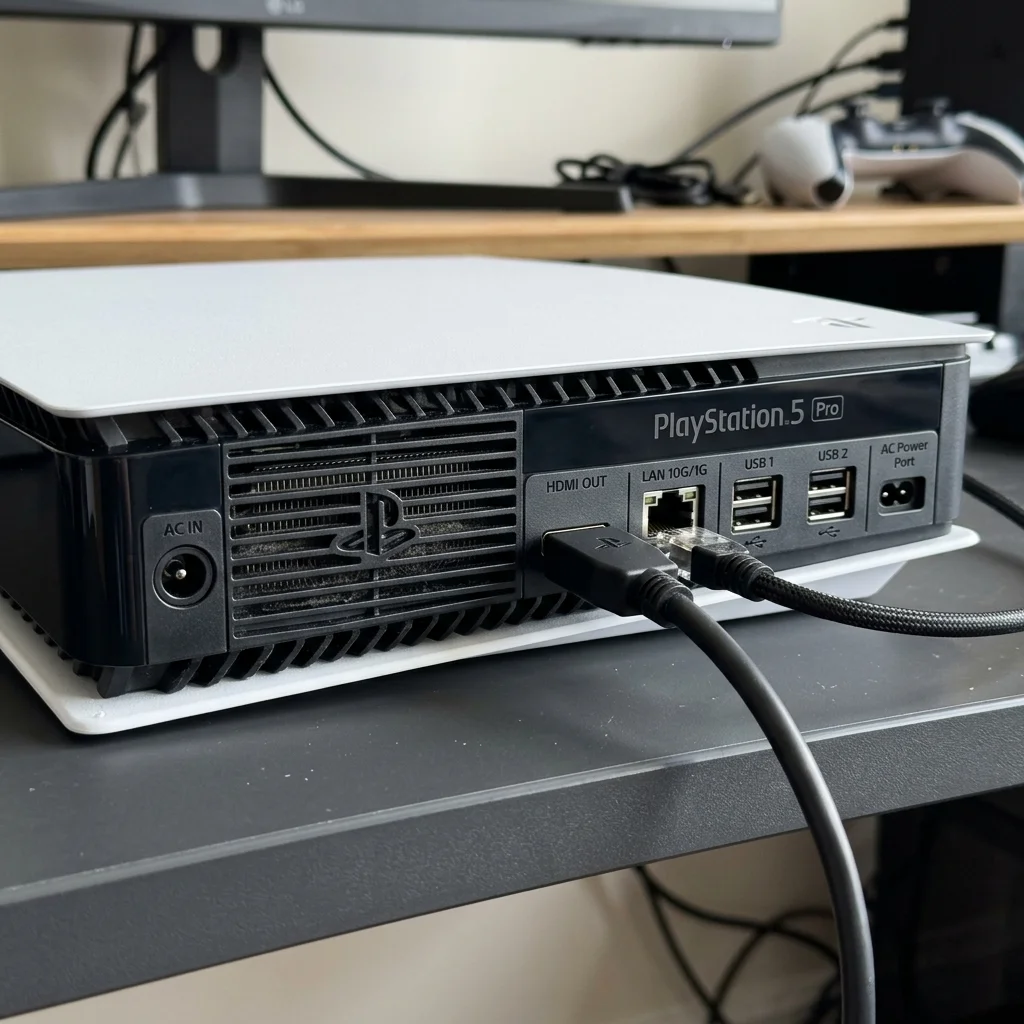 Close-up of PS5 Pro rear ports and vents used during pawn shop inspection