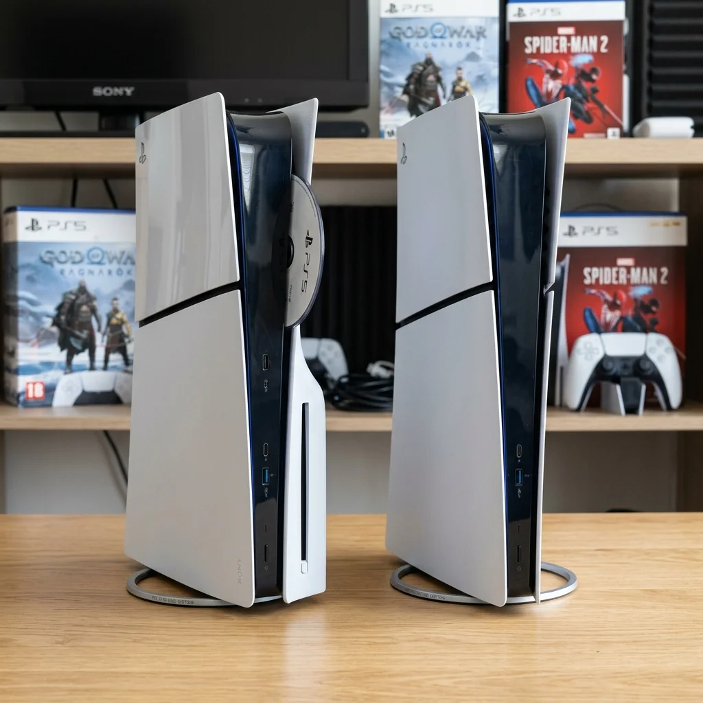 PS5 Slim Disc and Digital consoles side by side for pawn value comparison