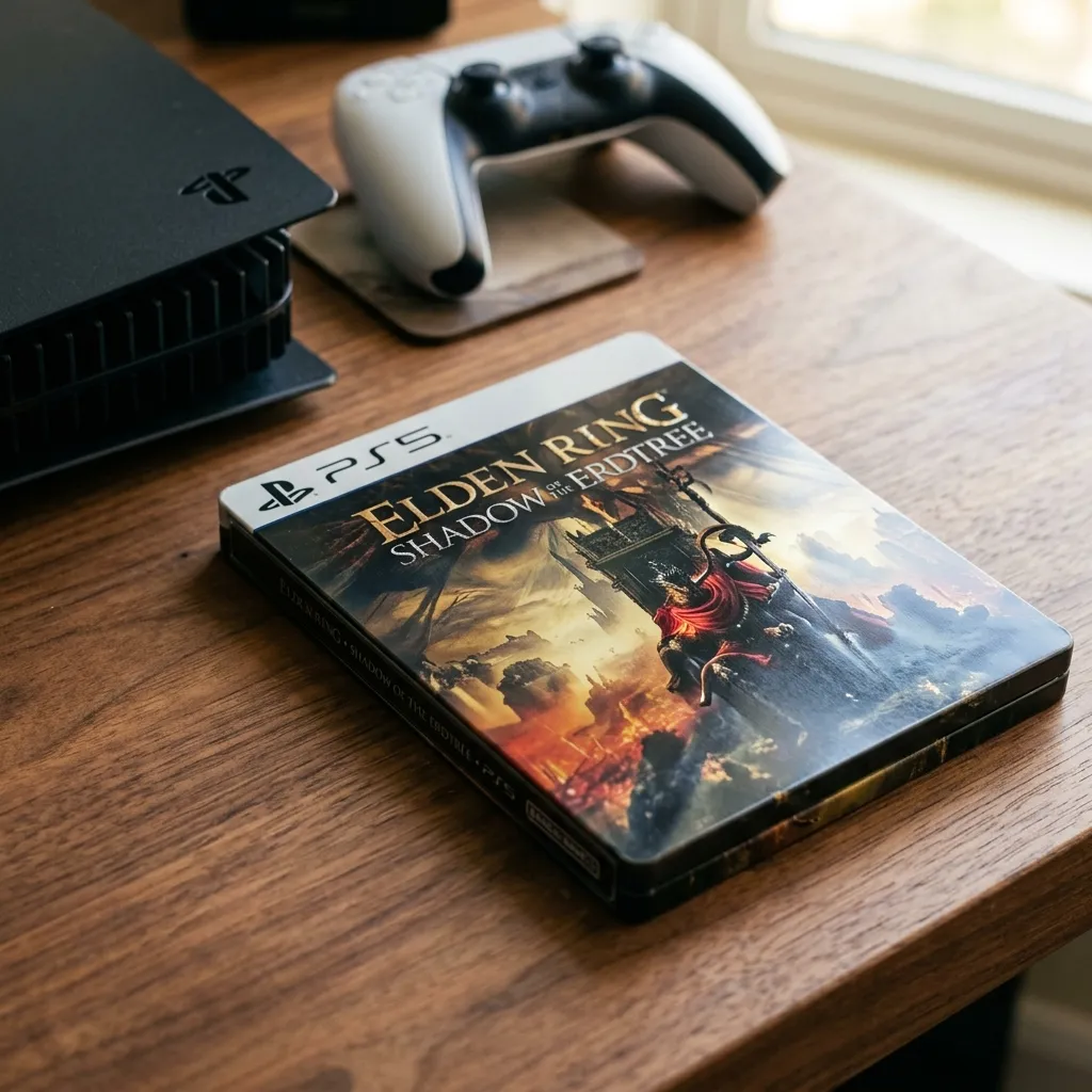 A shiny metal steelbook edition game case for a PlayStation game on a clean wooden table