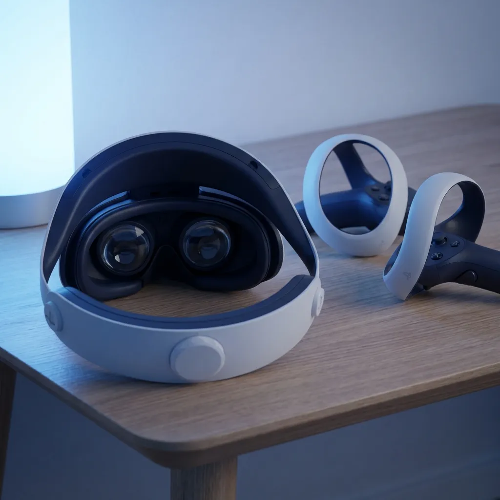PlayStation VR2 headset and Sense controllers displayed on a clean wooden table