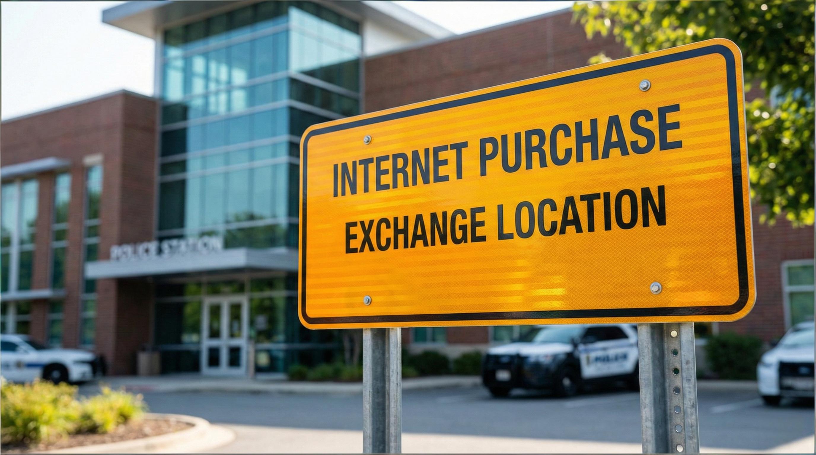 Sign outside a police station designating a Safe Exchange Zone for internet purchases