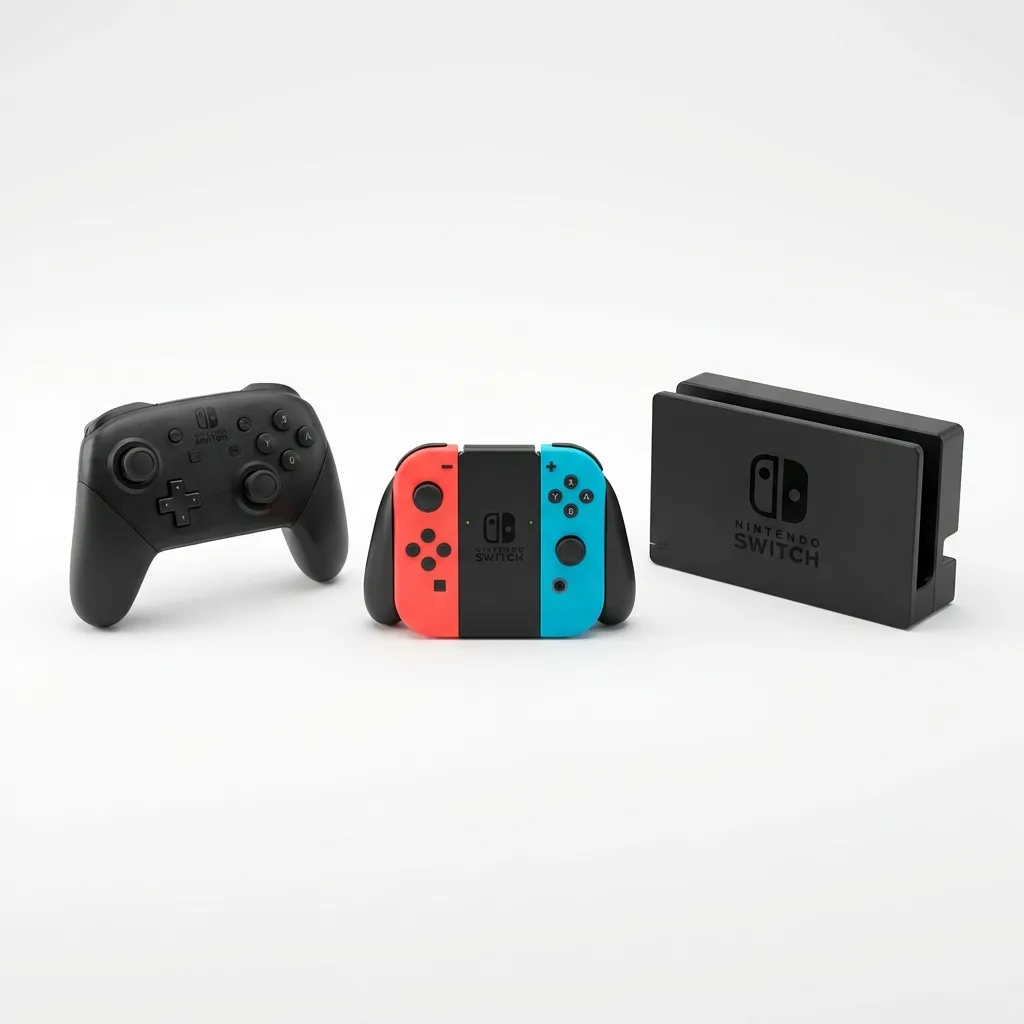 Nintendo Switch Pro Controller, Joy-Con charging grip, and Dock on a white background
