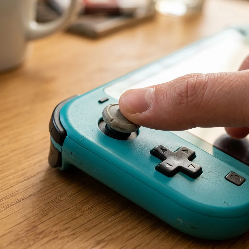 Close-up of a person testing the analog thumbstick on a turquoise Nintendo Switch Lite for drift issues