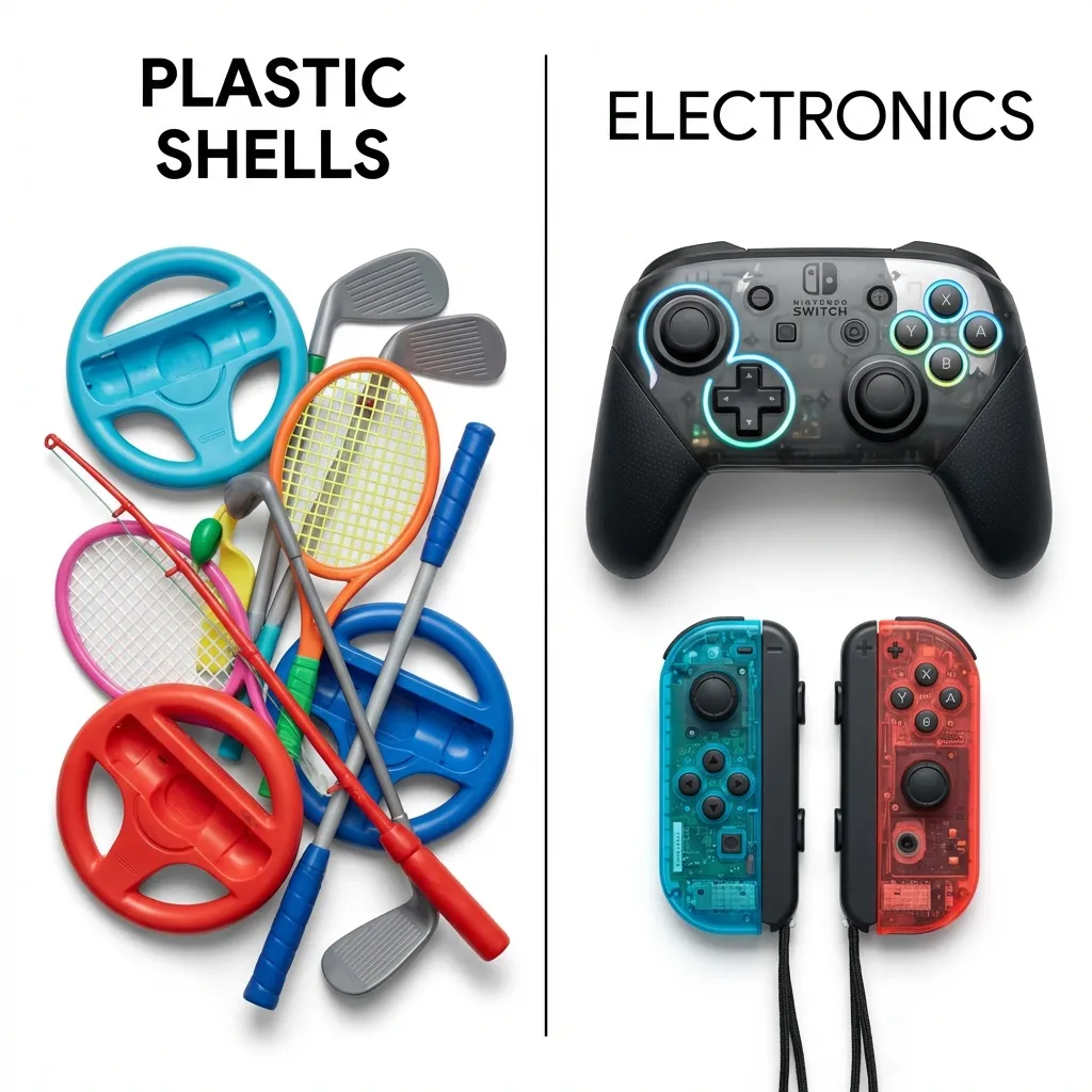 Comparison showing worthless plastic accessories versus valuable electronic controllers