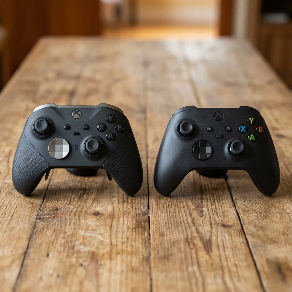 Comparison of Xbox Elite Series 2 controller and Standard Series X controller on a wooden table