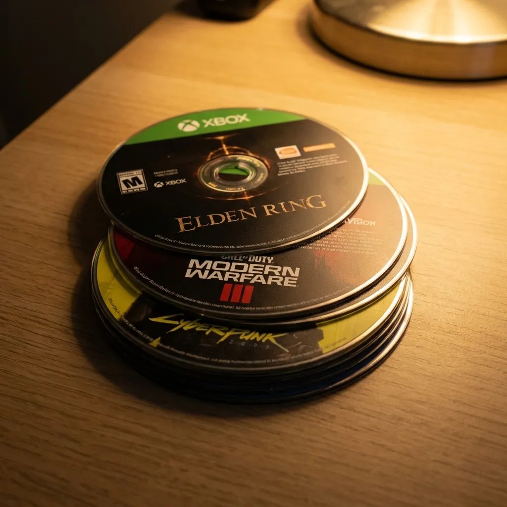Stack of high-value Xbox Series X game discs including Elden Ring and Call of Duty