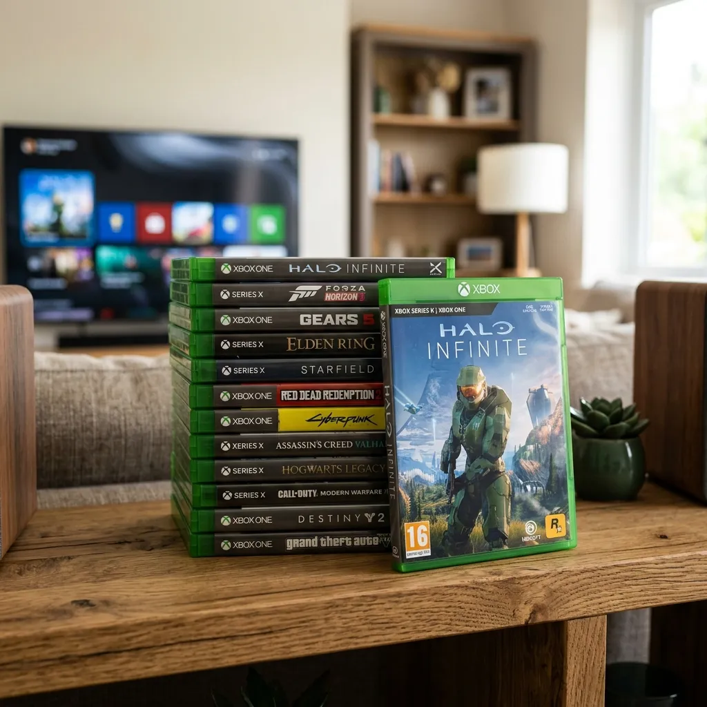 A stack of Xbox One and Xbox Series X game cases showing green spine art on a counter