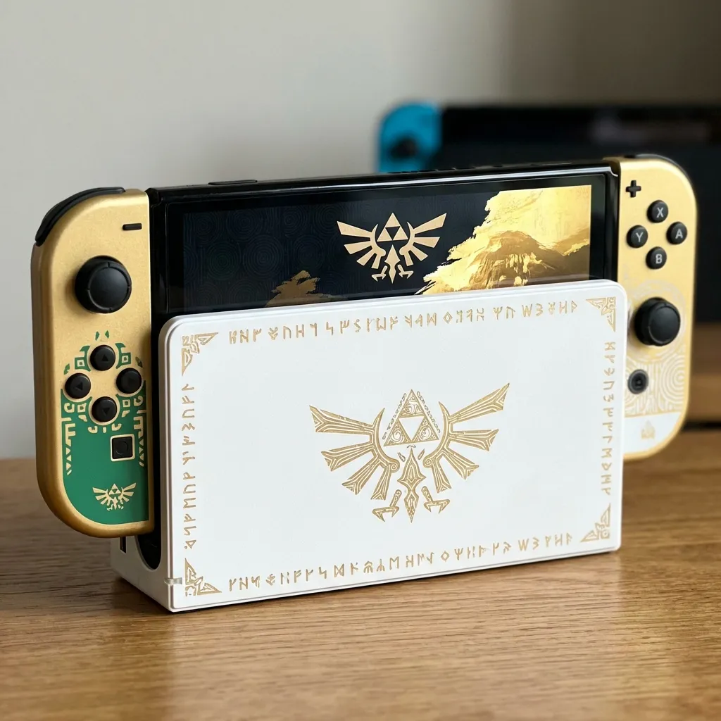 The Legend of Zelda Tears of the Kingdom Limited Edition Switch OLED console with gold Joy-Cons and Dock